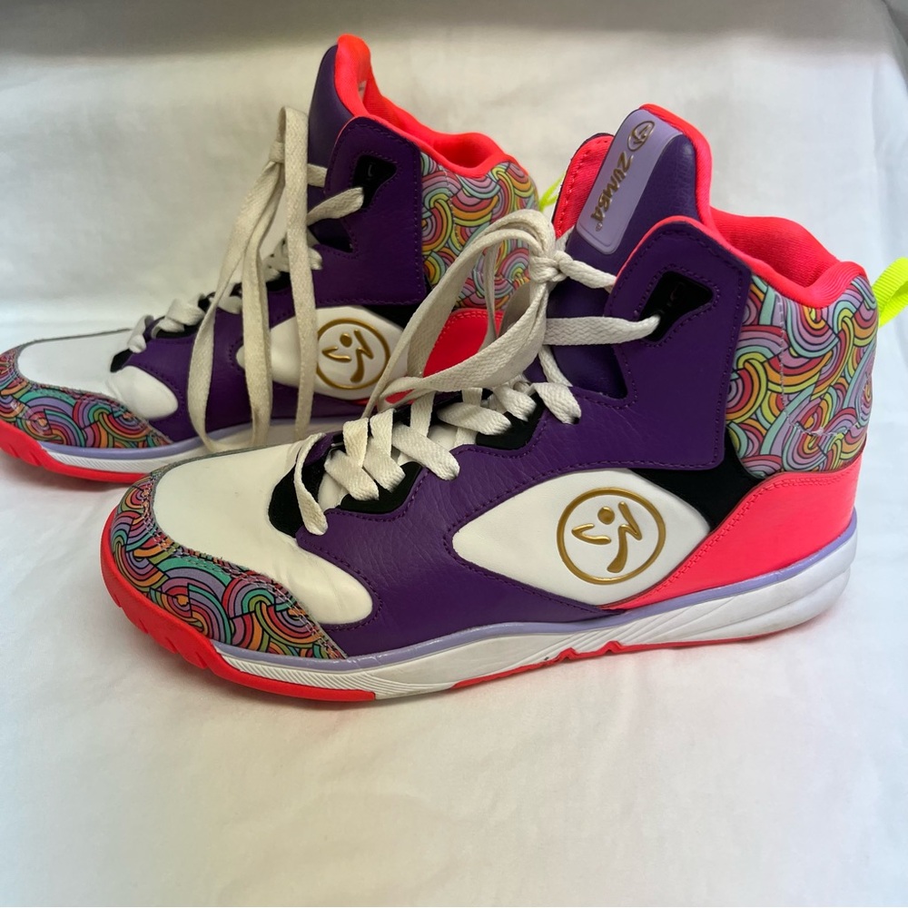 ZUMBA colorful neon rainbow hightop tennis shoes.